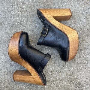 Kelsi Dagger Black Leather Mules with Wooden Heel